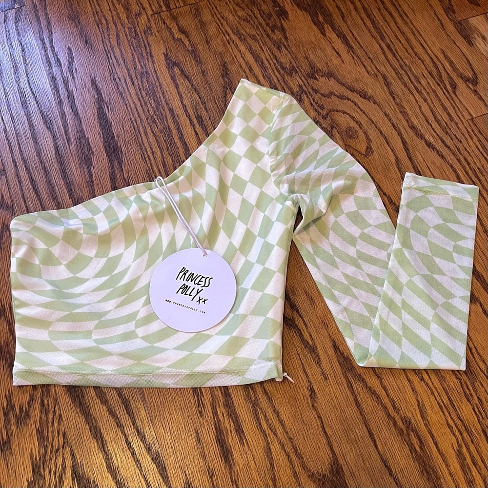 Princess Polly Green and White Crop Mesh One-Shoulder Going Out Top Sz 2 NWT